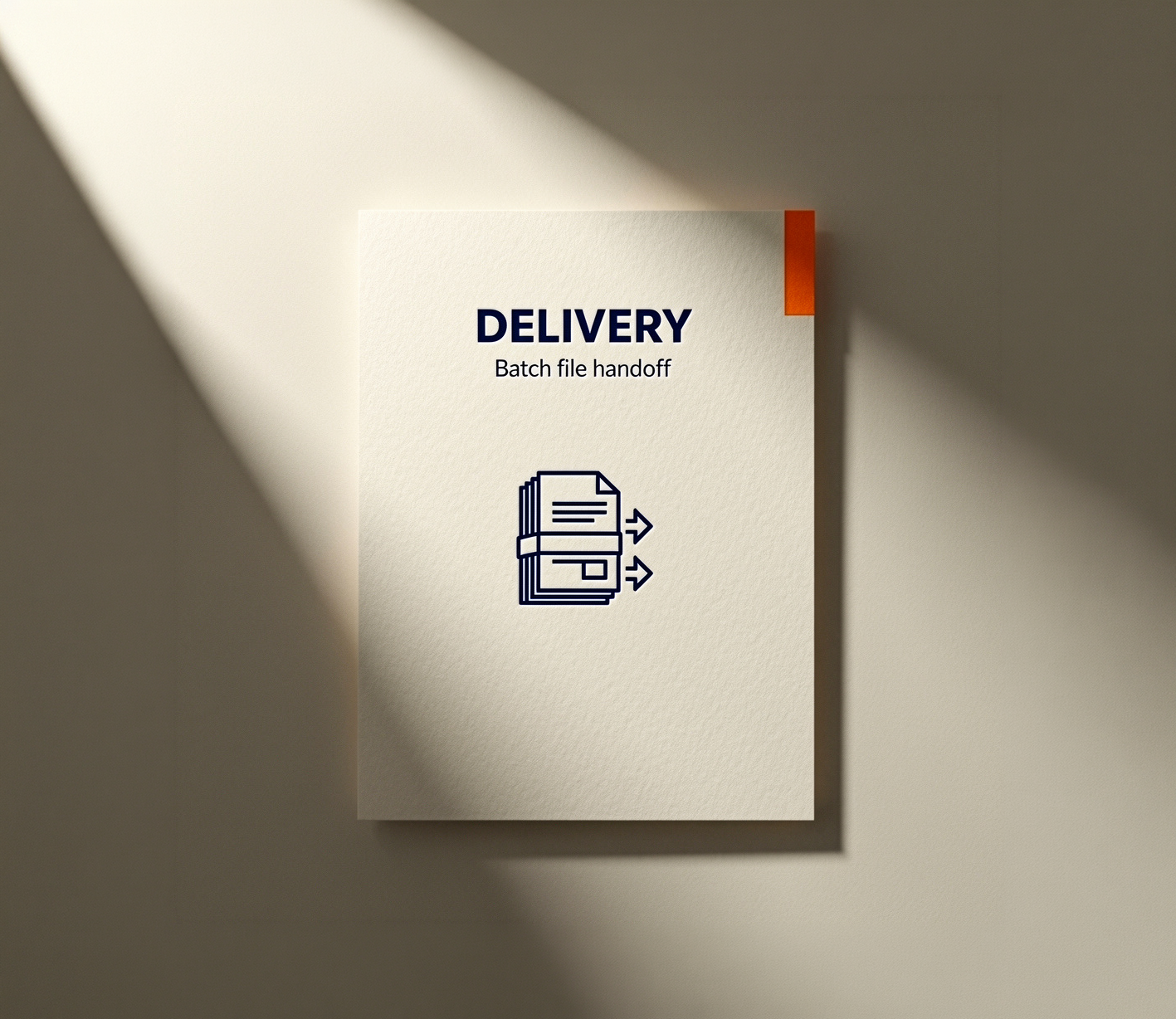 Delivery Phase - Organized batch files in your preferred formats Delivery card batch files package icon professional workflow ready to use