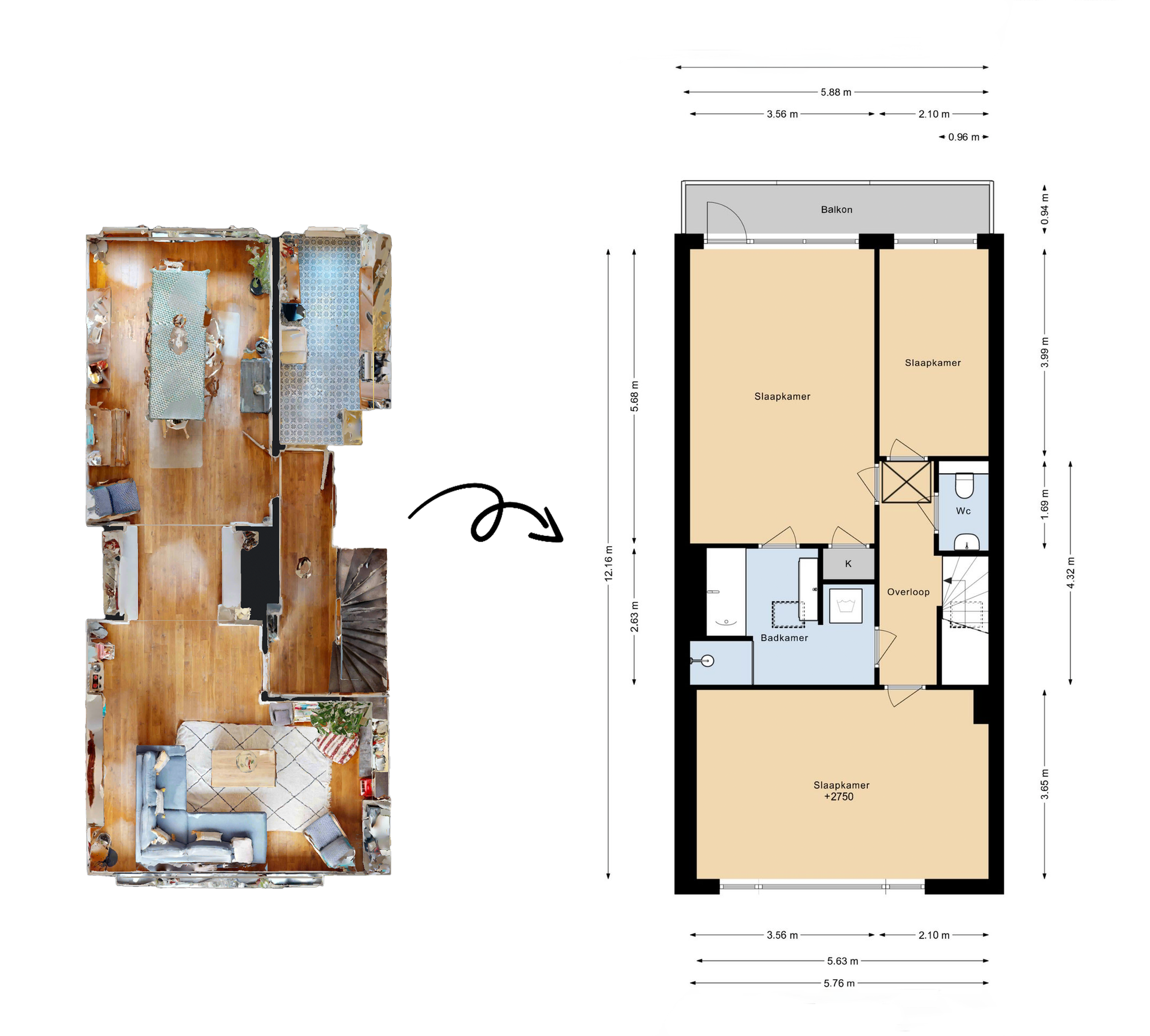 Matterport Floor Plan Sample 1 - Aerial photography integrated with floor plan layout Matterport floor plan sample aerial photography integrated with 2D dimensional layout woonkamer slaapkamer kantoor keuken badkamer toilet balkon professional virtual tour