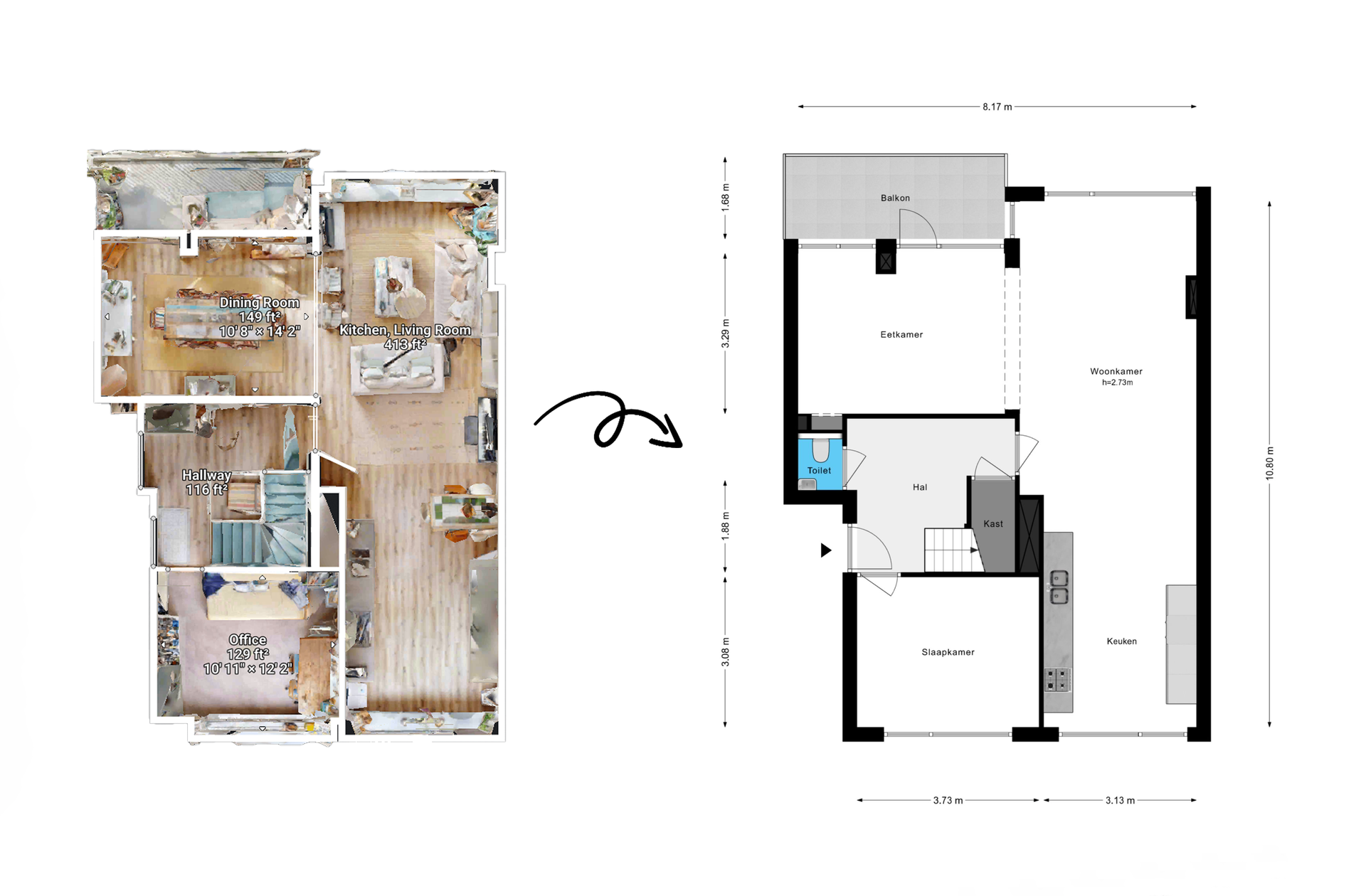 Matterport Floor Plan Sample 2 - Aerial view with furniture staging and floor plan Matterport floor plan sample aerial view with furniture staging integrated 2D layout slaapkamer bedroom badkamer bathroom overloop dimensional measurements professional virtual tour integration