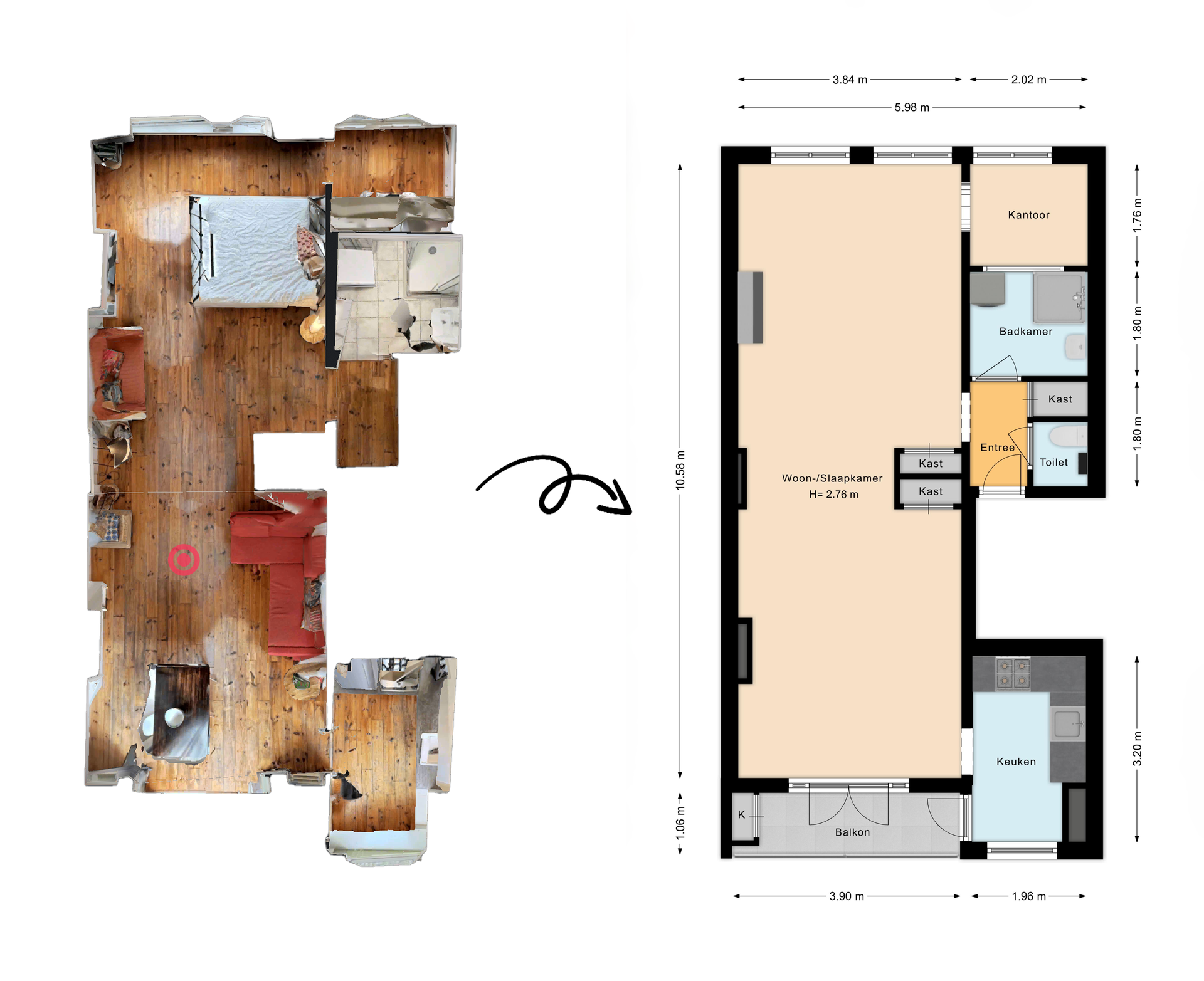 Matterport Floor Plan Sample 3 - Multi-level property with aerial and floor plan Matterport floor plan sample multi-level property aerial photography integrated floor plan dining room kitchen living area hallway office bedroom measurements virtual tour immersive experience