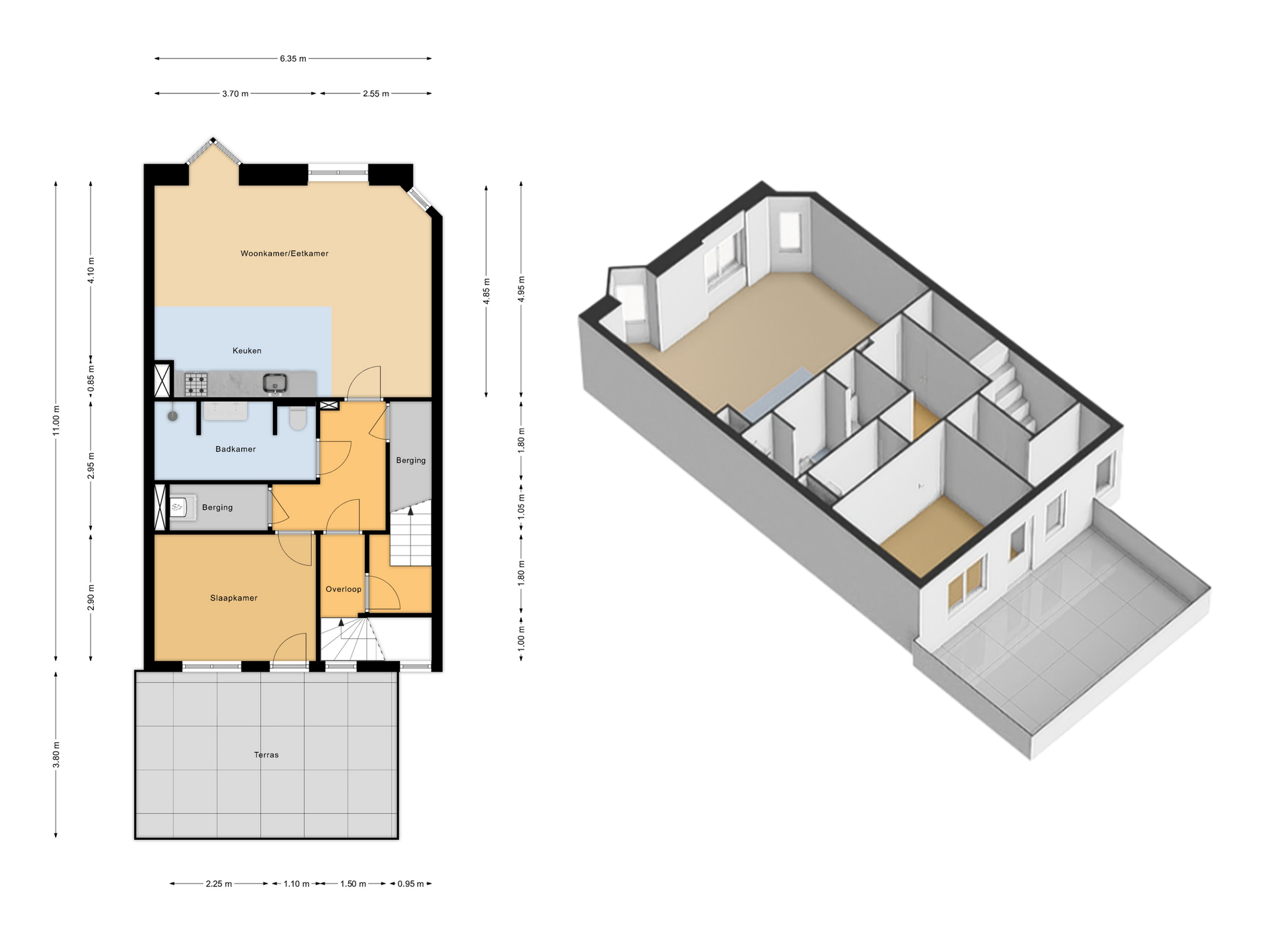 Funda Floor Plan Sample 1 - Funda-ready format with exterior visualization Funda floor plan sample colored layout exterior visualization woonkamer slaapkamer berging badkamer balkon terrace Funda.nl ready professional