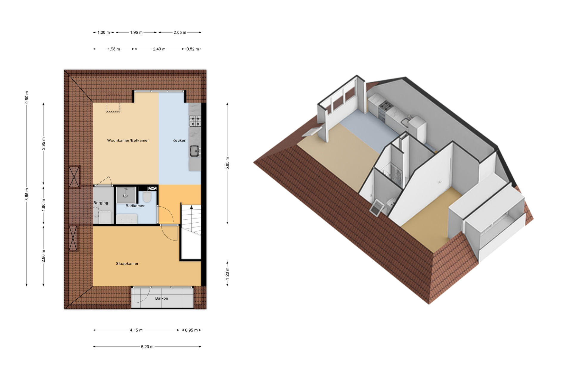 Funda Floor Plan Sample 3 - Multi-room apartment in Funda presentation format Funda floor plan sample multi-room apartment layout 2D colored format dimensional measurements woonkamer keuken berging slaapkamer professional Funda presentation